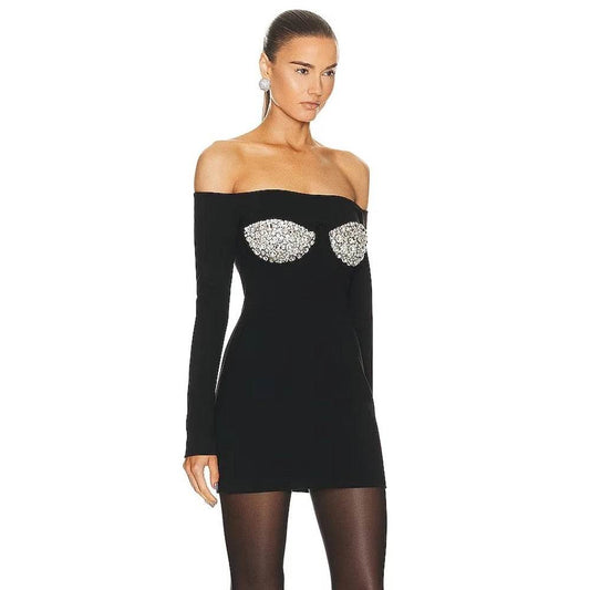 Beaded Diamond Sexy Off Shoulder Long Sleeve Party Dress - REBECATHELABEL