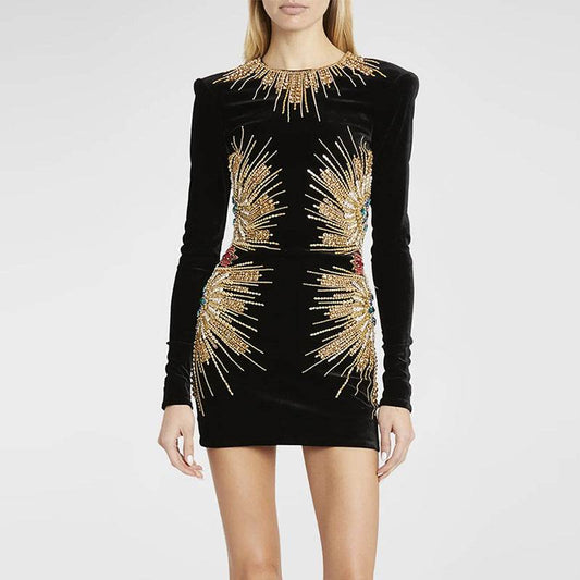 Beads Sequined Pleuche Long Sleeve Dress - REBECATHELABEL