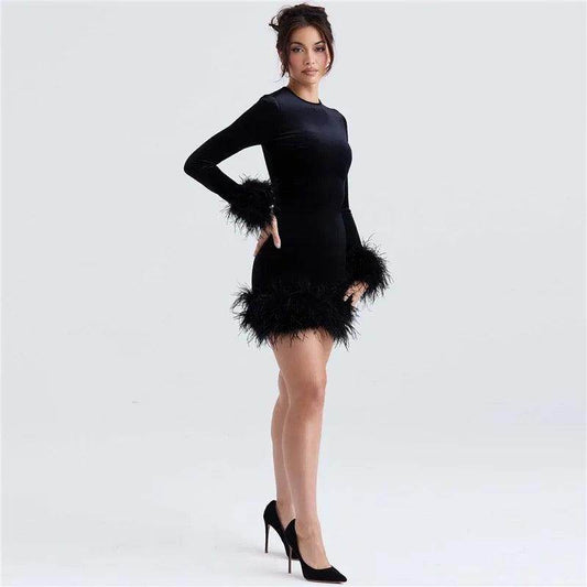 Bella Feather Black Party Dress - REBECATHELABEL