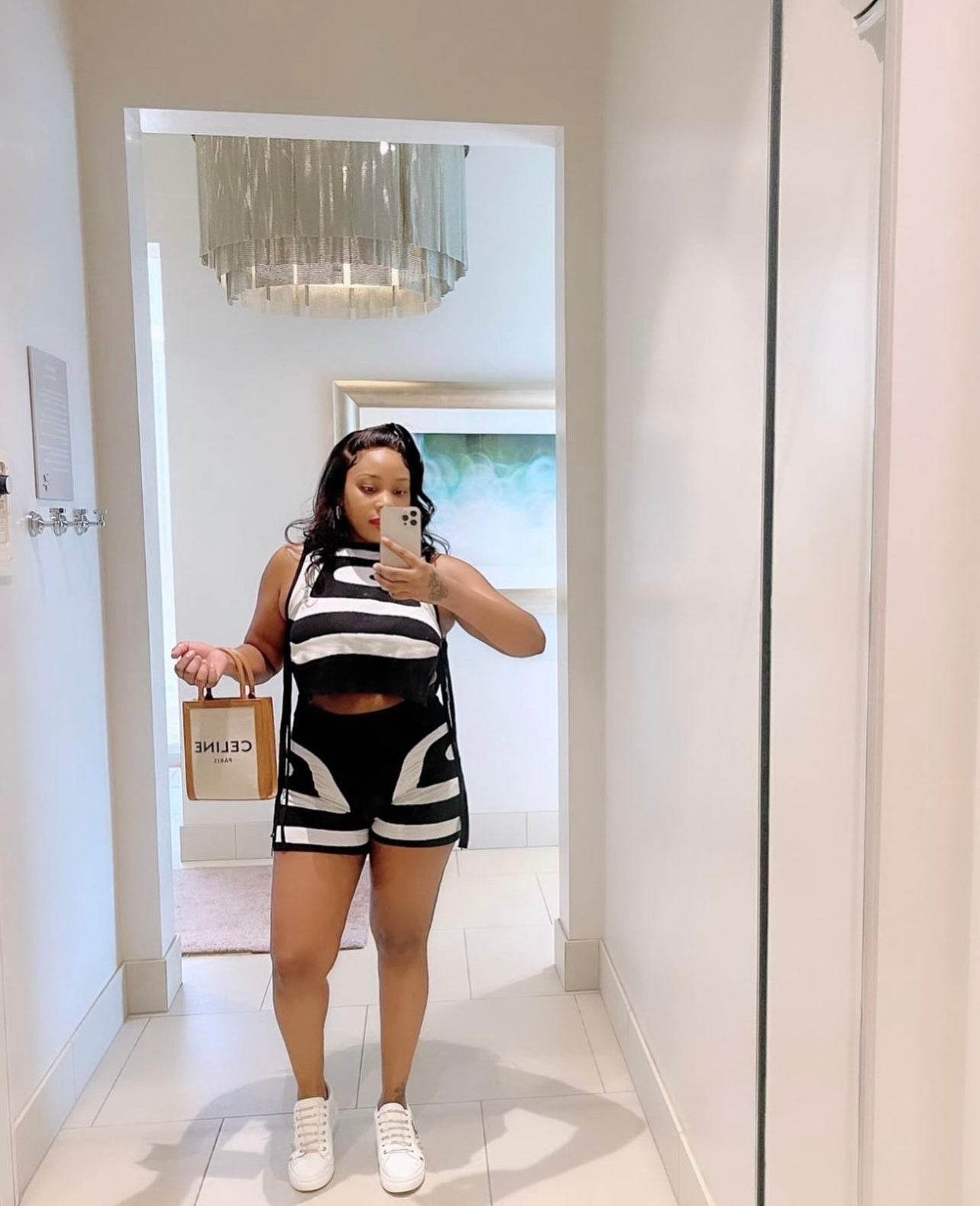 Black And White Knit Sleeveless Top And High Waisted Shorts Set - REBECATHELABEL