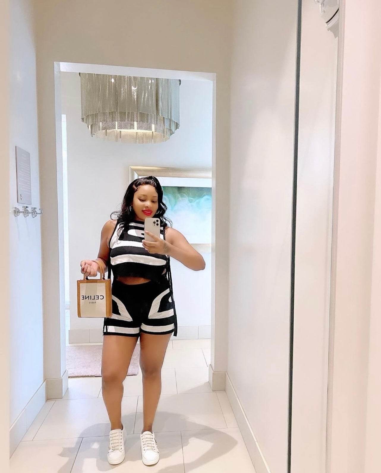 Black And White Knit Sleeveless Top And High Waisted Shorts Set - REBECATHELABEL