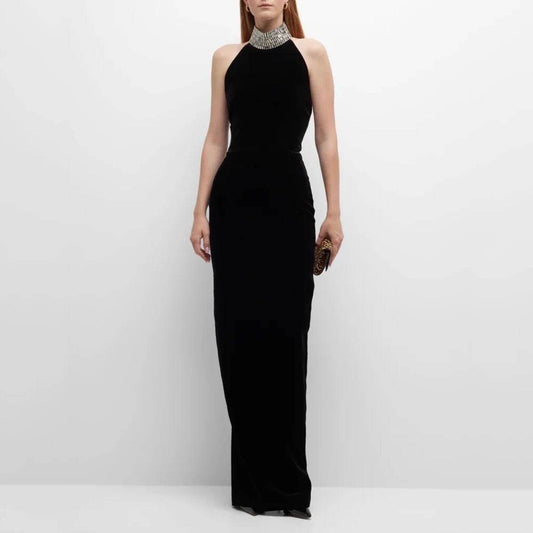 Black Diamond Necklace Sleeveless Open Back Sexy Long Dress - REBECATHELABEL