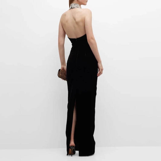 Black Diamond Necklace Sleeveless Open Back Sexy Long Dress - REBECATHELABEL
