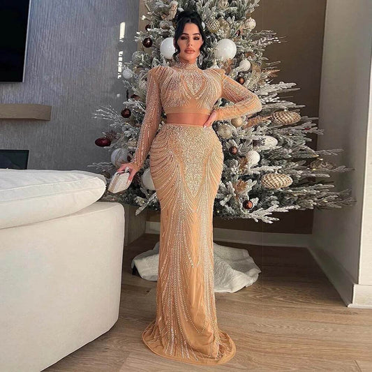 Black Khaki Sexy Mesh Luxury Diamond Chain Skirt 2-piece Set - REBECATHELABEL