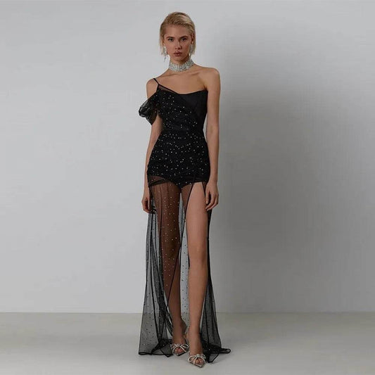 Black Sparkling Mesh Bra Transparent Long Dress - REBECATHELABEL