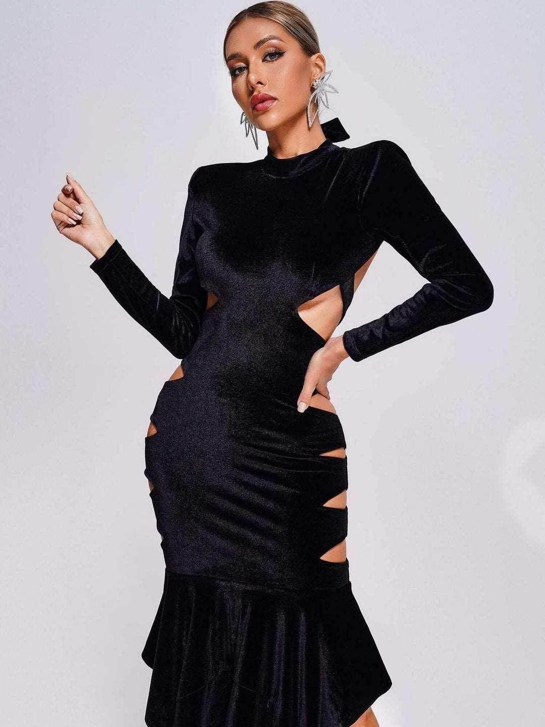 Black Velvet Cutout Midi Dress - REBECATHELABEL