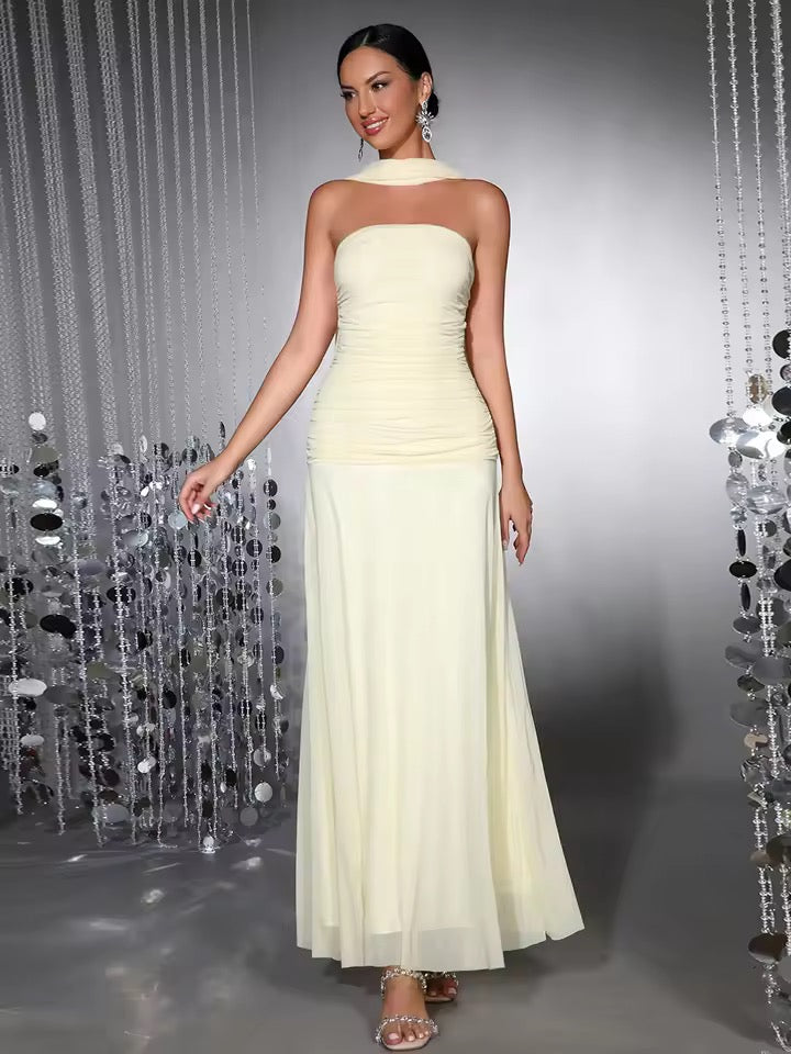 Strapless Ribbon Mesh Fold Maxi Dress