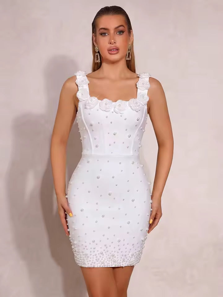 White Pearl Splicing Flowers Bandage Mini Dress Spaghetti Strap Bodycon Party Dress
