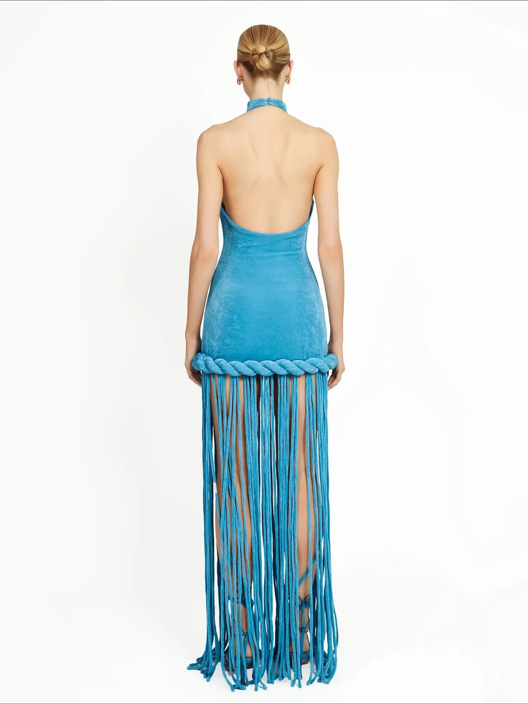 Open Collar Applique Twisted Tassel Long Dress