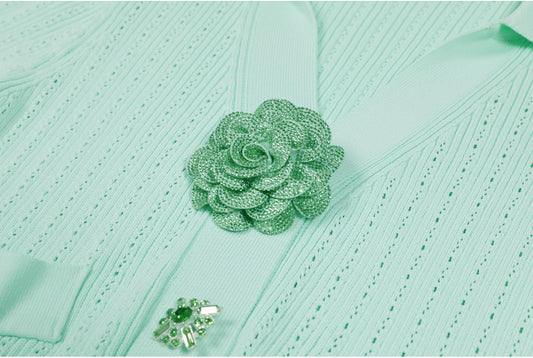 Knitted Collar Slim Fit Short Sleeved Three-dimensional Flower Button Long dress
