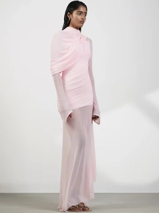Solid Mesh Folds Shawl Design Slim Long Maxi Dress