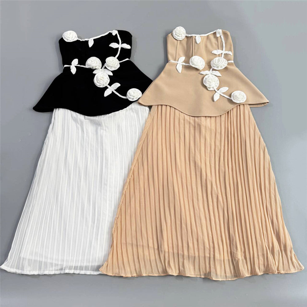 Stitching Mesh Pleated Elegant Dress Faux Two Piece Dress