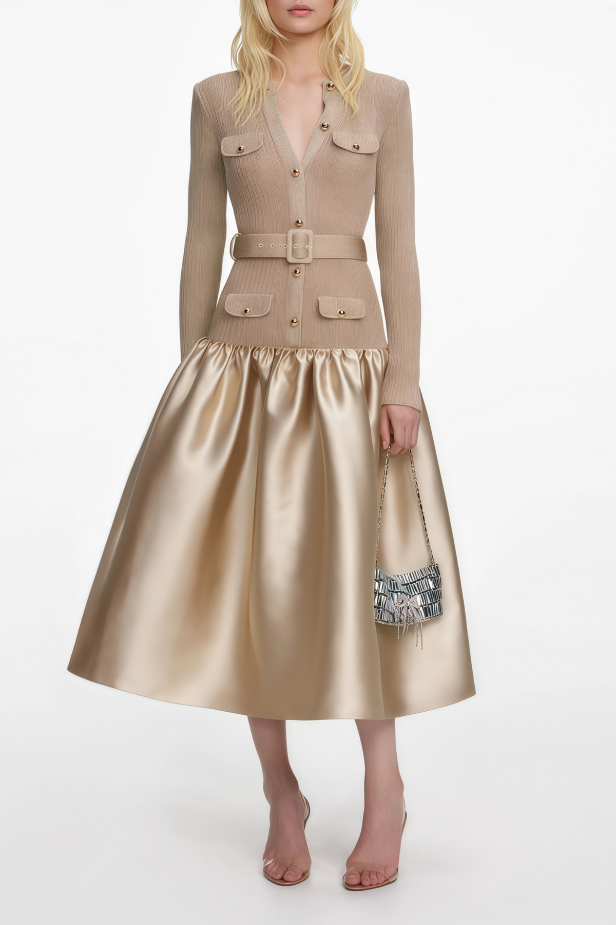 Gold Satin Panel Knit Midi Dress