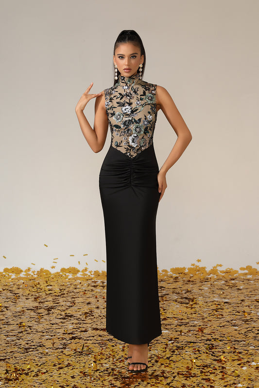 Halter Neck Flower Sequin Mesh Patchwork Long Dress