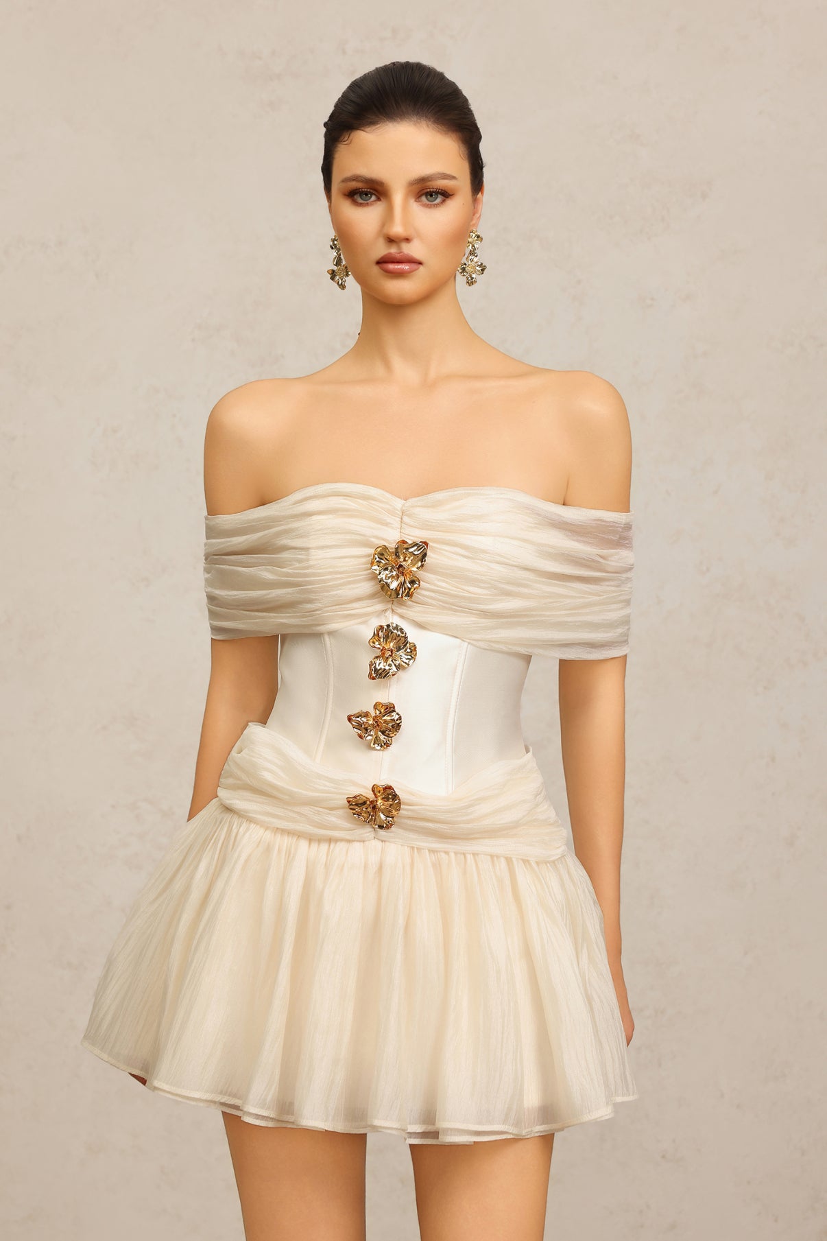 Off The Shoulder Sleeve Metal Buckle Patchwork Mini Dress