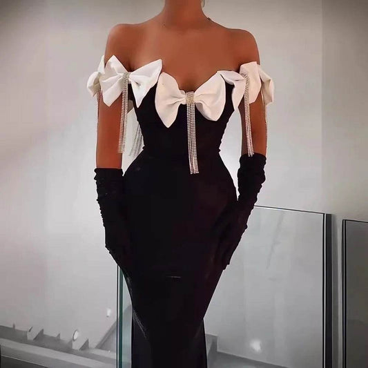Off Shoulder Black Bow Tassel Diamond Long Bandage Dress - REBECATHELABEL