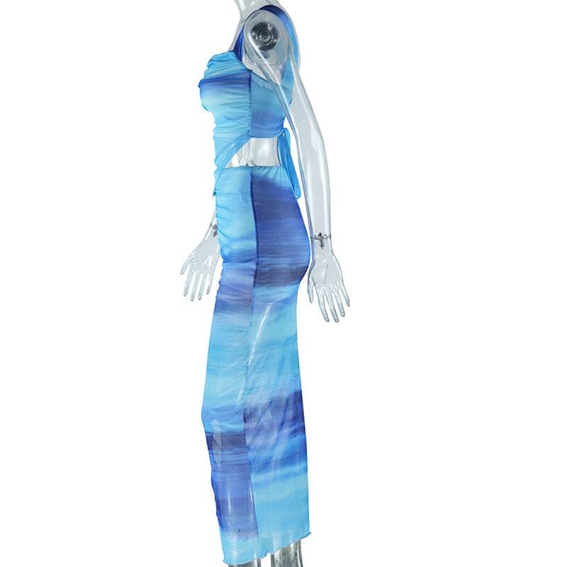 Printed Skirt Set Sexy Lacing Small Vest Split Skirt Set - REBECATHELABEL