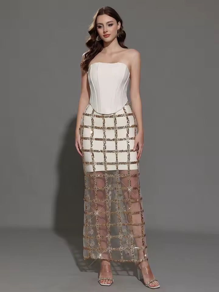 Apricot Sequins Off Shoulder Patchwork Mesh Sexy Tight Bandage set