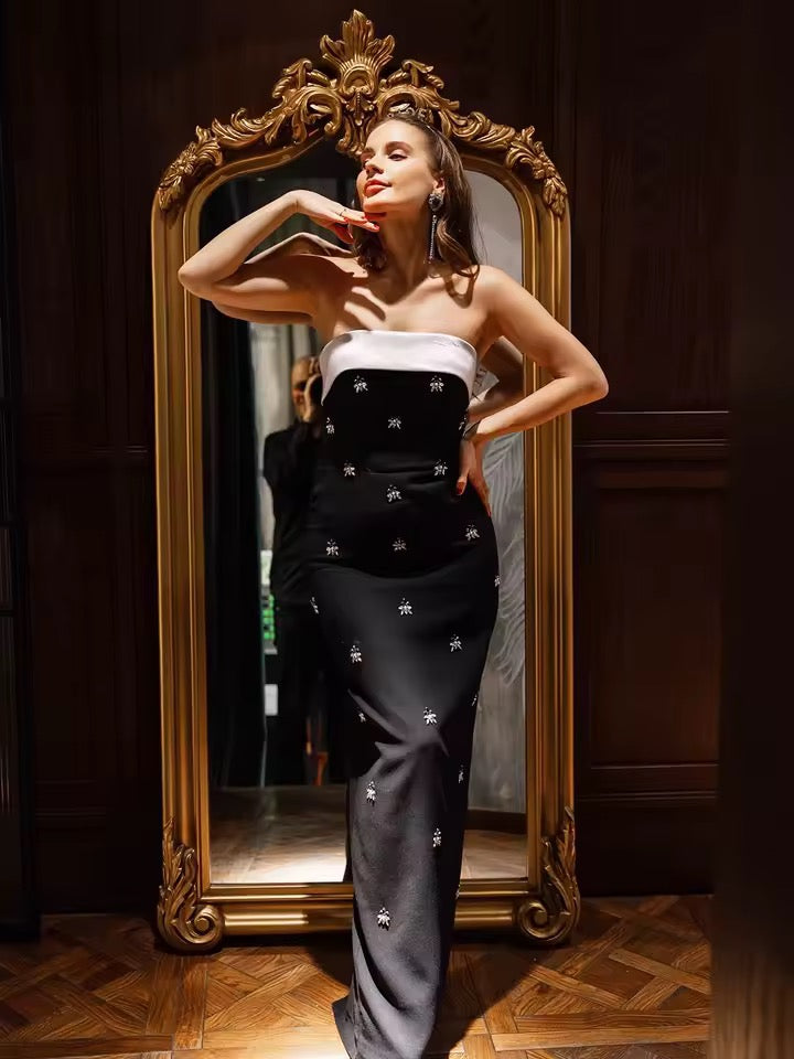 Strapless Bow Tie Splicing Diamond Evening dress