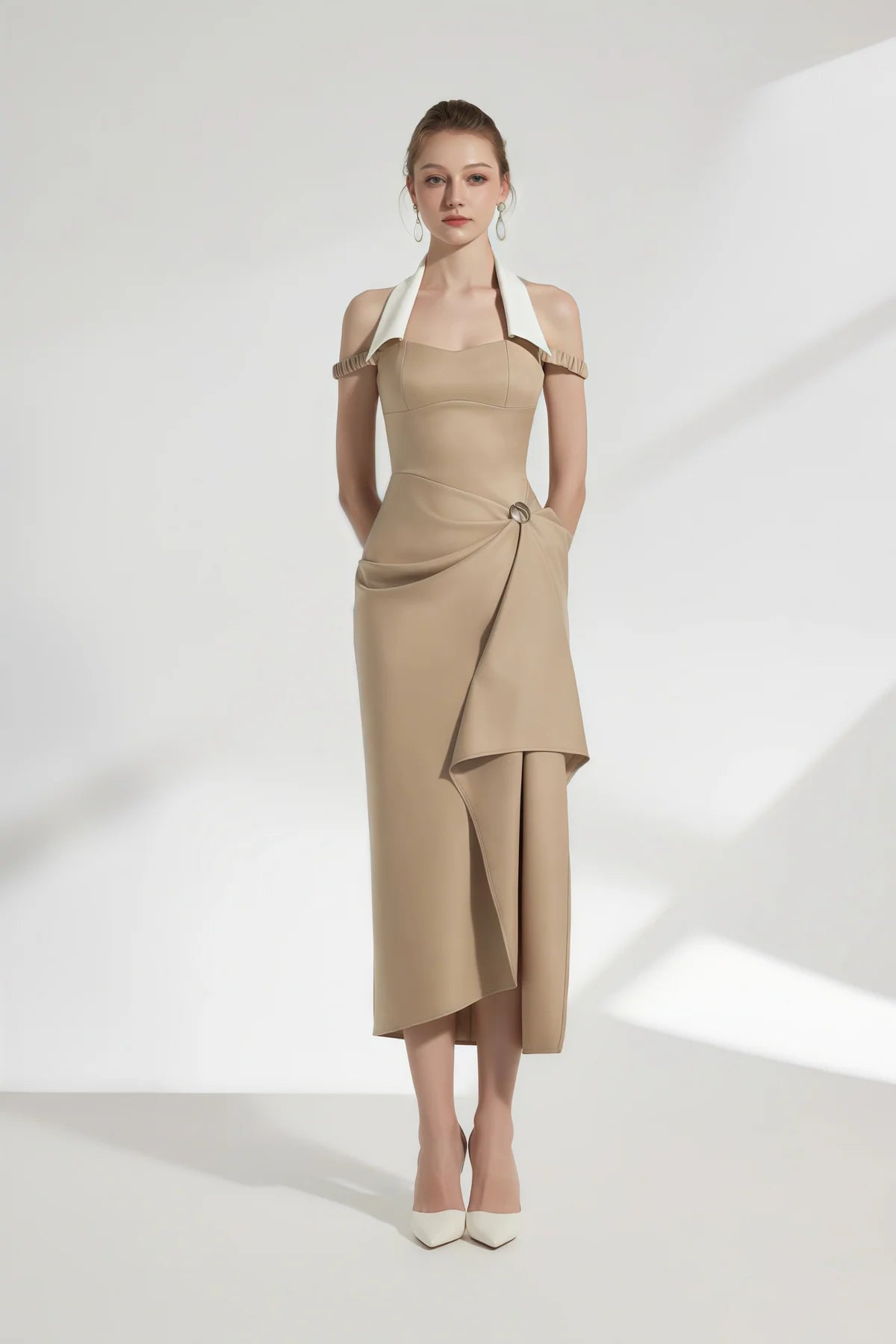 Khaki Halterneck Asymmetrical Gathered Midi Dress
