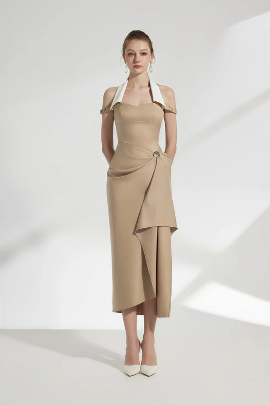 Khaki Halterneck Asymmetrical Gathered Midi Dress