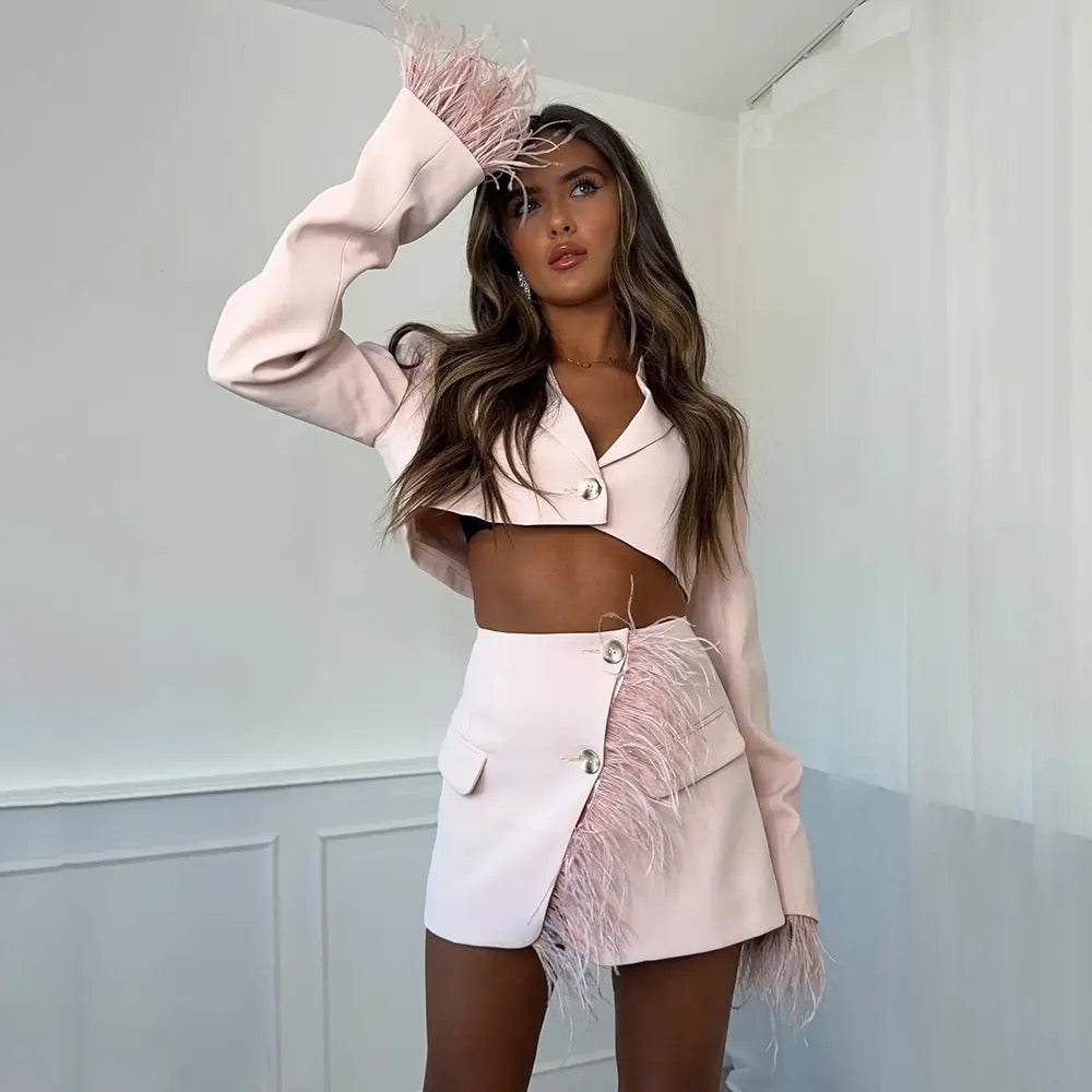 Feather Two piece Set Long sleeved Suit - REBECATHELABEL