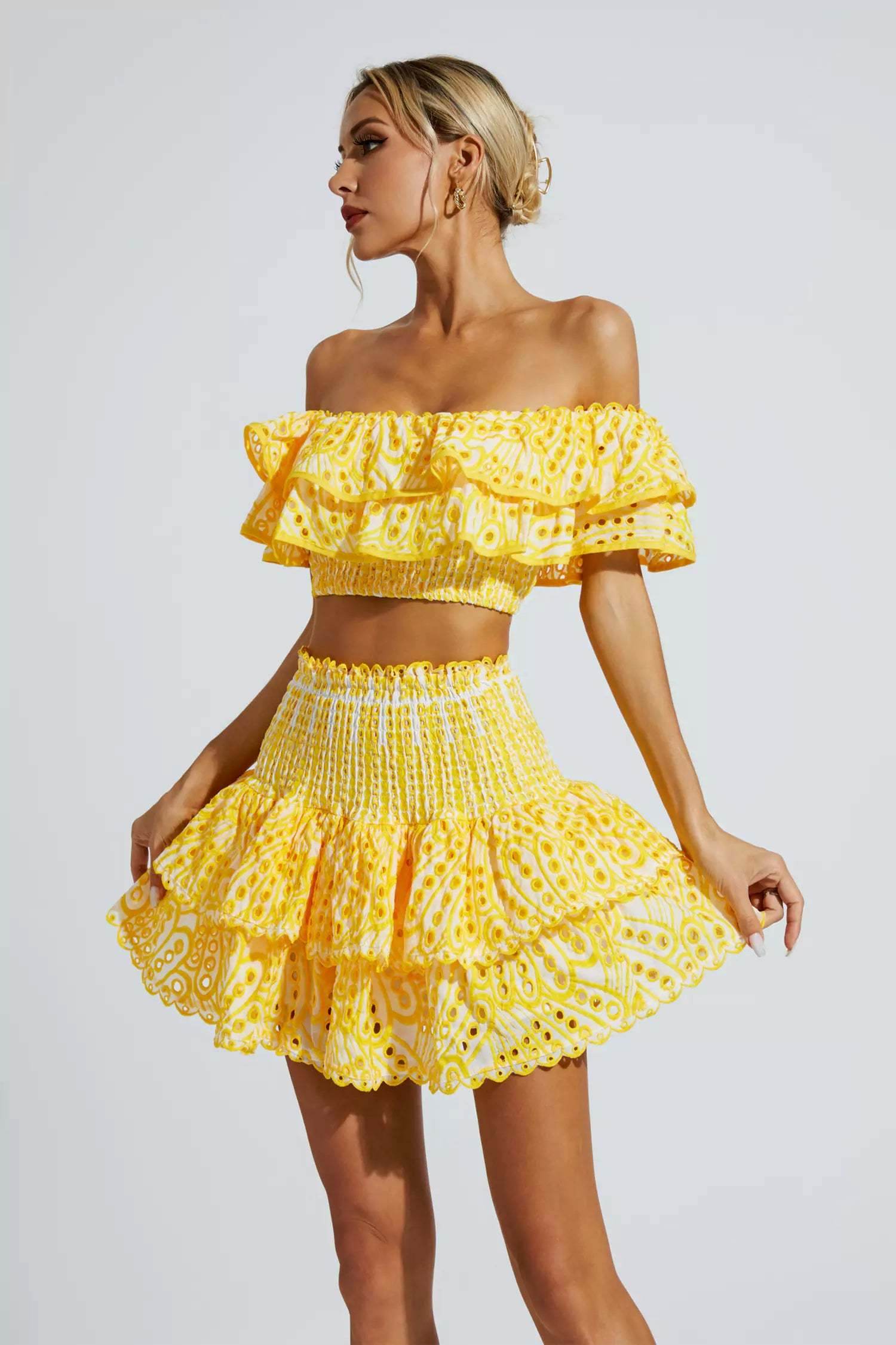 Yellow Floral Ruffle Off-Shoulder Set - REBECATHELABEL