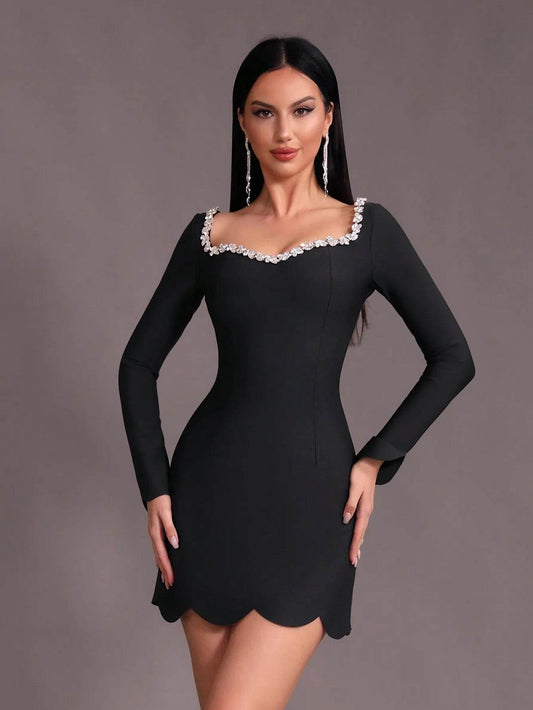 Long sleeved Diamond Short Tight Bandage Dress - REBECATHELABEL