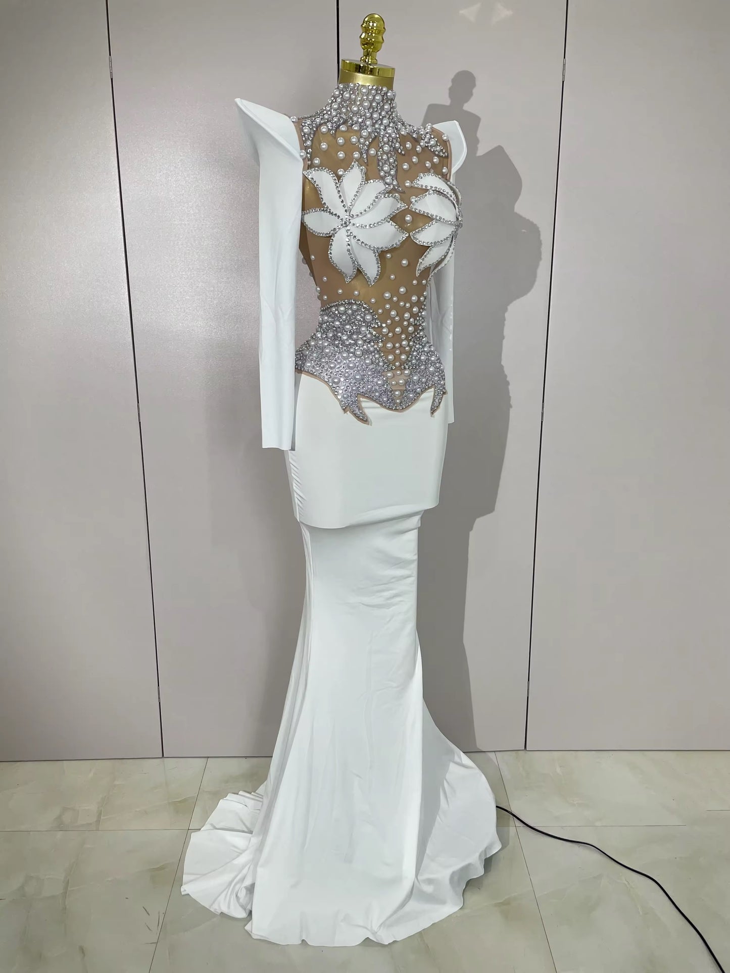 Sparkly Diamonds Pearl Black Sexy See Through Mesh Long Dress