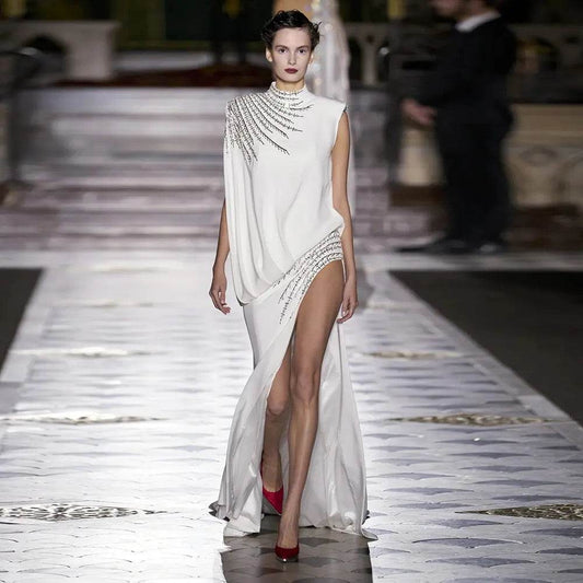 White High end Open Back Diamond Sexy Slim Fit dress - REBECATHELABEL