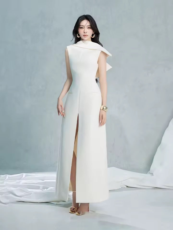 Long Dr with oulder awl Slit Waist Cinching dress