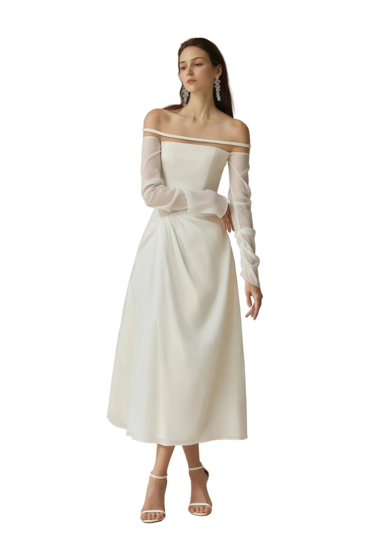 White Gathered Crepe Midi Dress
