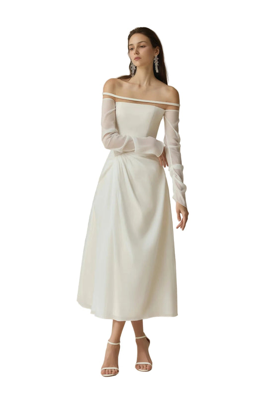 White Gathered Crepe Midi Dress