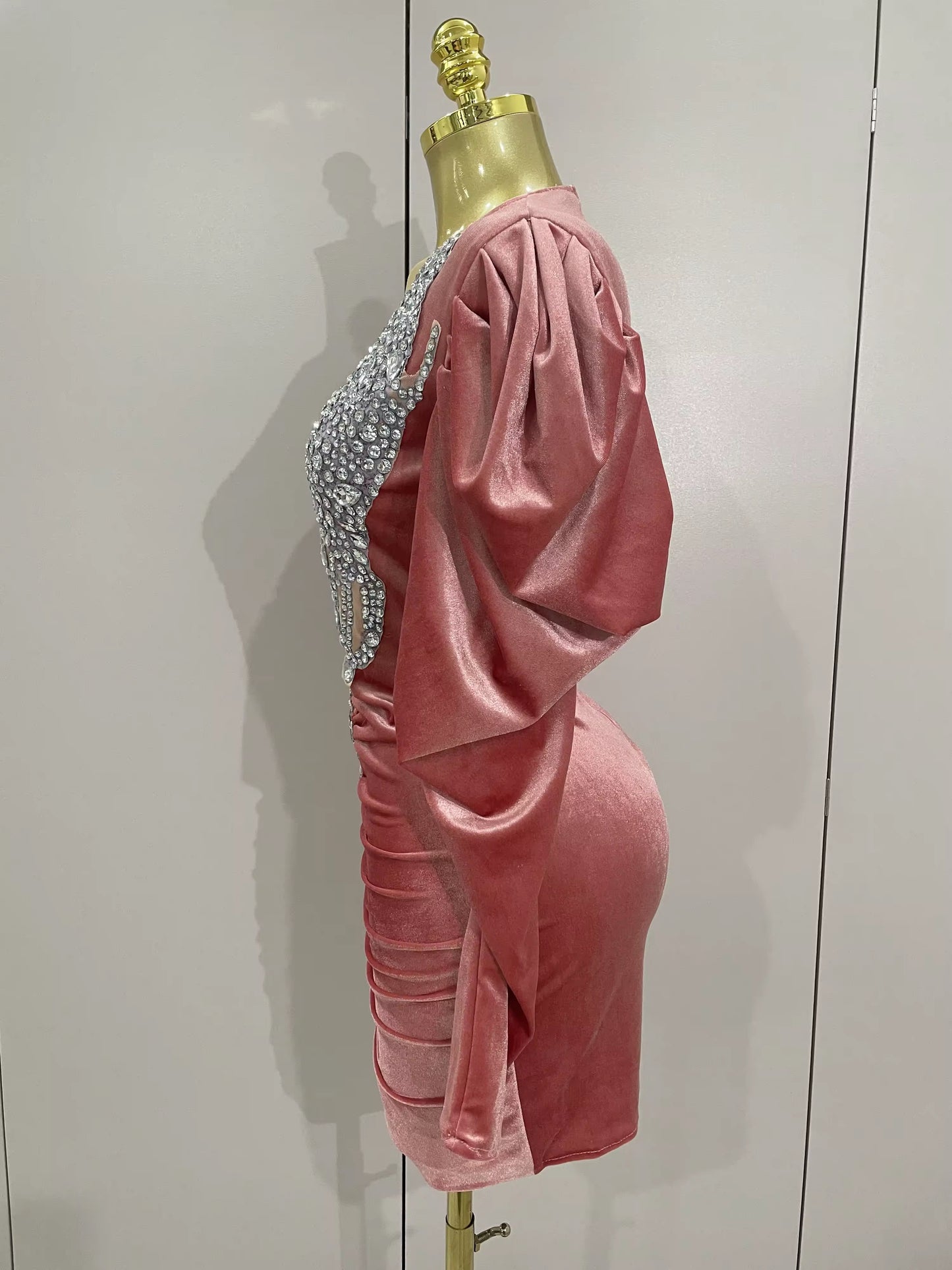 Sparkly Crystals Sexy Mesh Black Velvet Short Dress