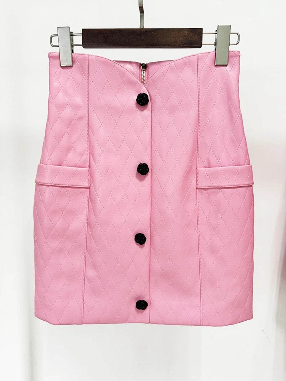 Pink Diamond Quilted Short Leather Jacket Leather Mini Skirt set - REBECATHELABEL