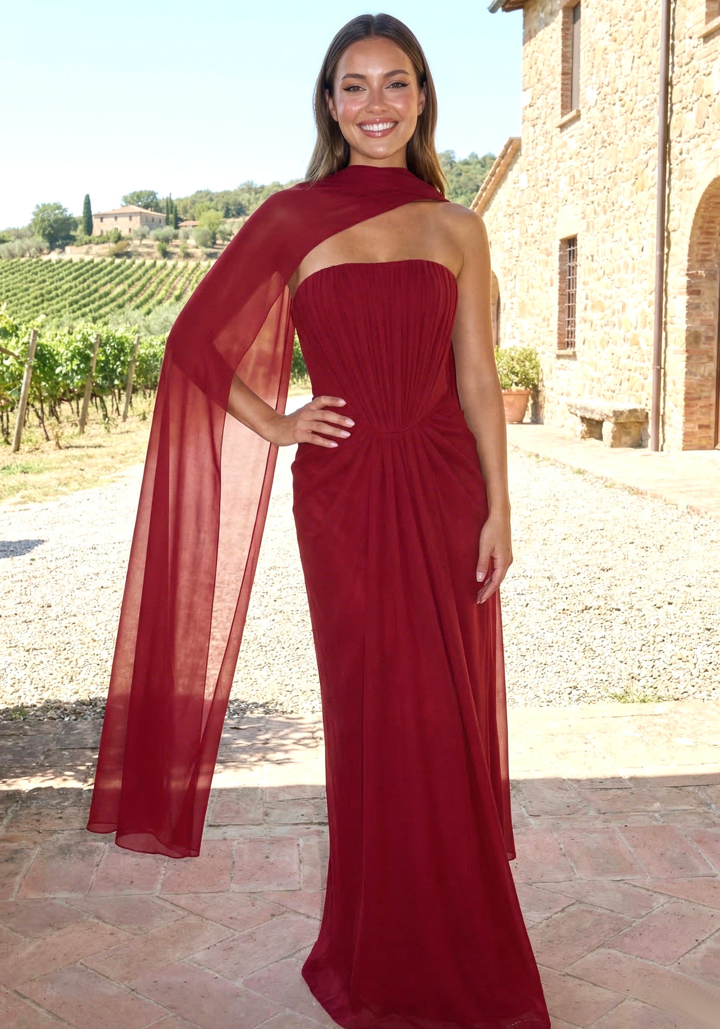 Strapless Draped Maxi Dress Dark Red