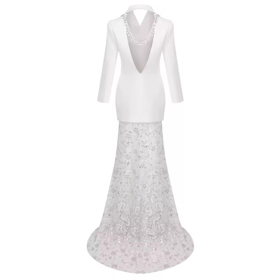 Diamond Backless Blazer Sequin See Through Lace Skirt set