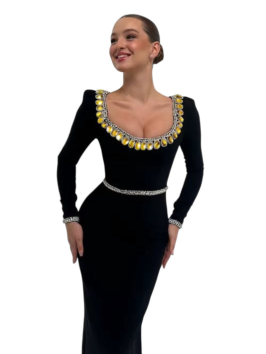 Diamond Tight Long Sleeve Square Neck Long Bandage Dress