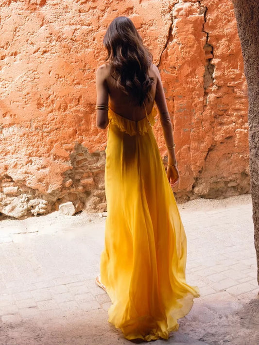 Chic Ruffles Hollow Out Halter Long Vacation Dress