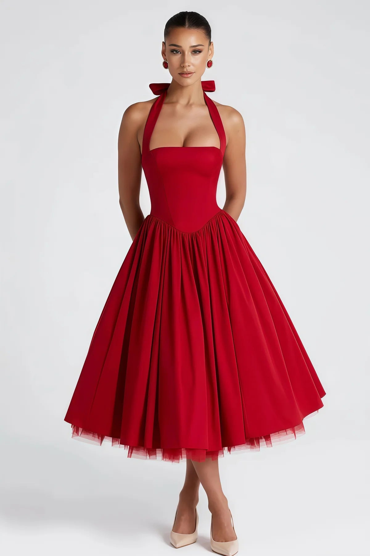 Red Layered Flared Hem Midi Dress