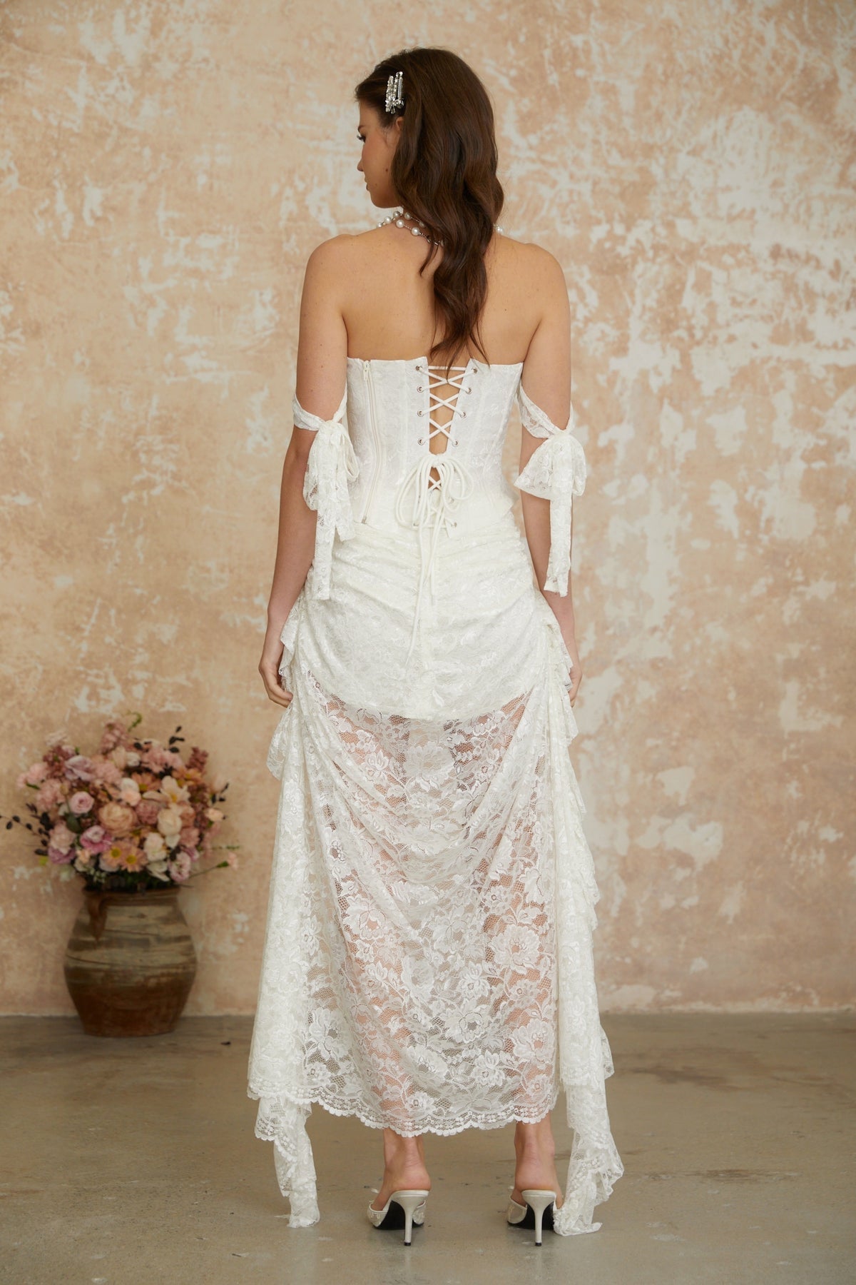 White Pearl Floral Lace Top & Skirt Set