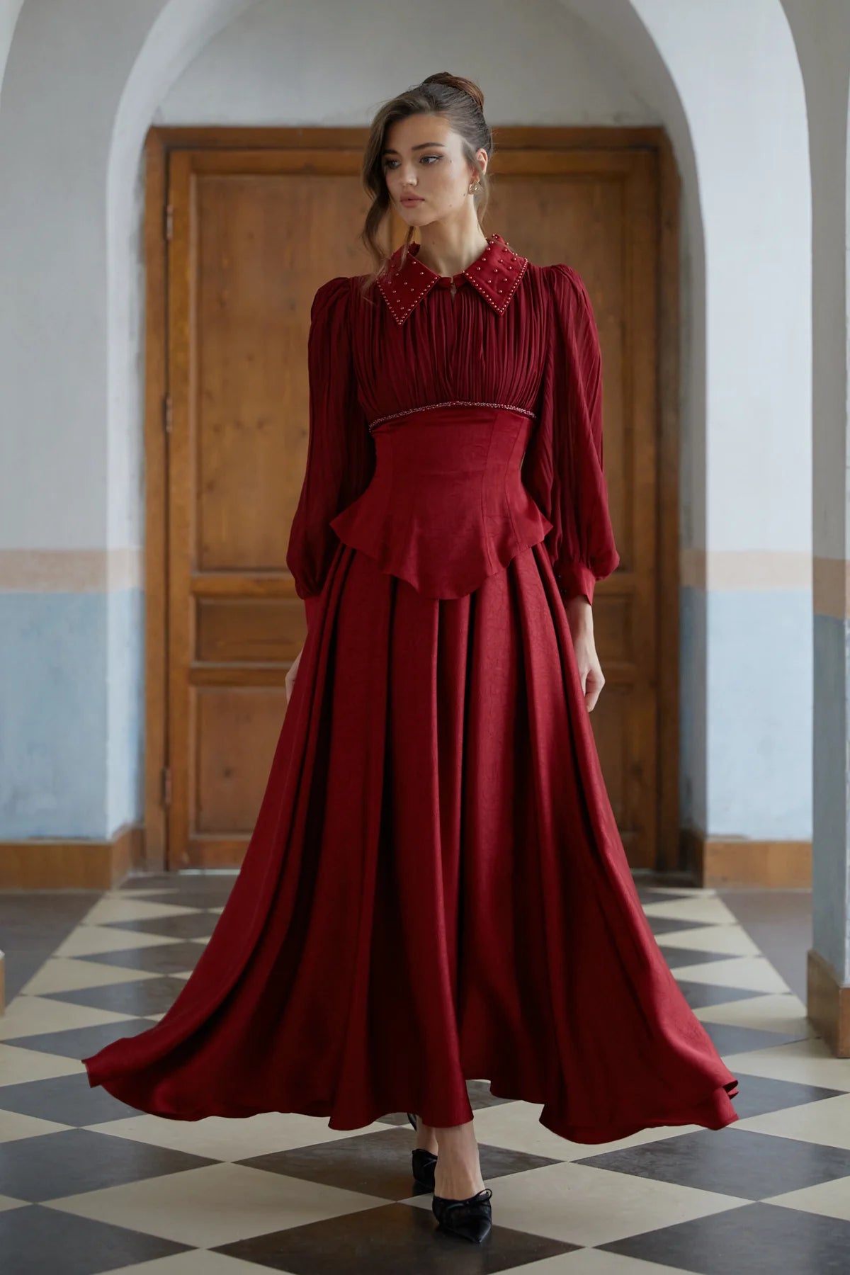 Red Beaded Pleated Textured Maxi Dress