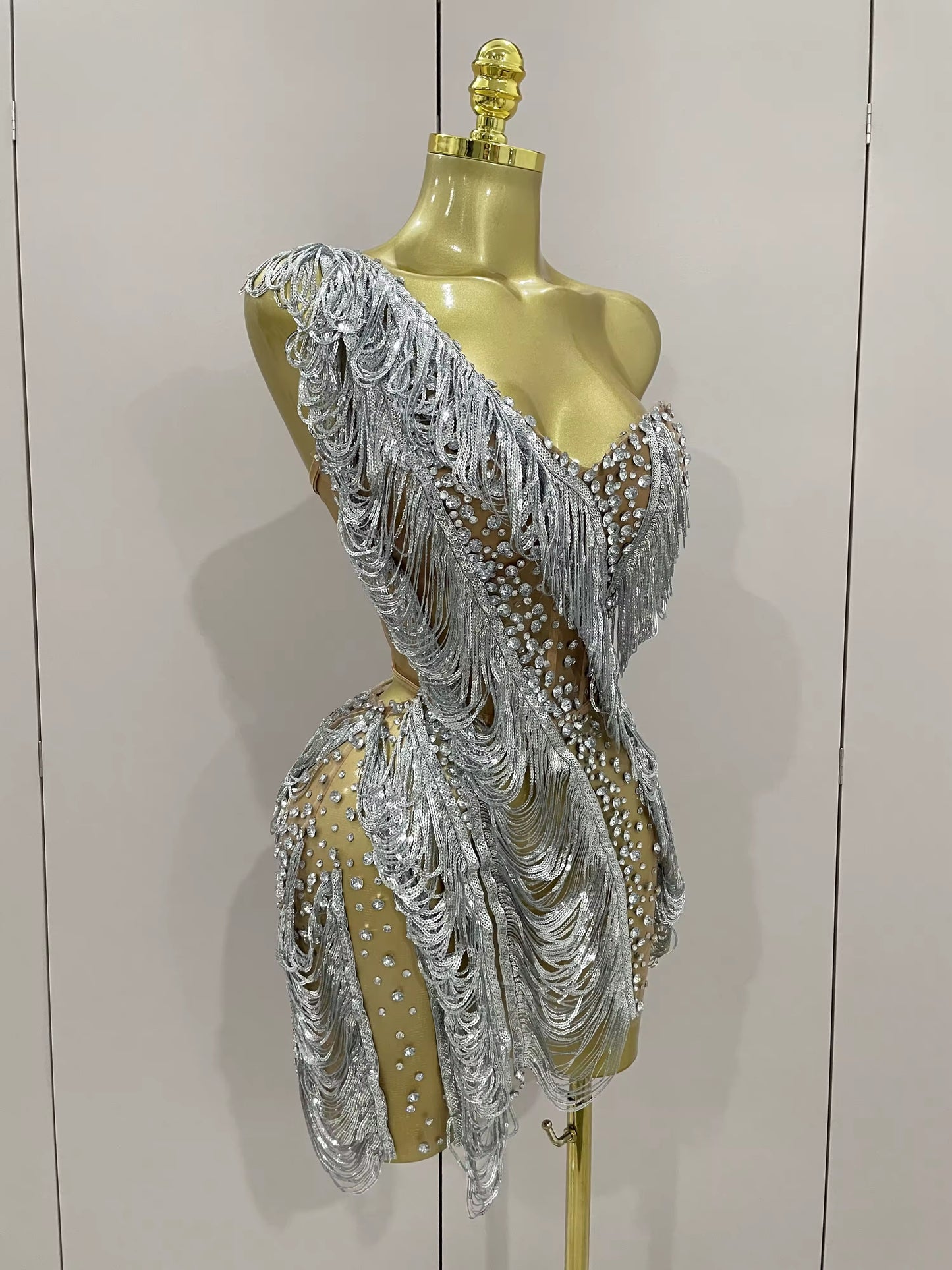 Sparkly Rhinestone Sequins Tassel Mesh One Shoulder Short Dress