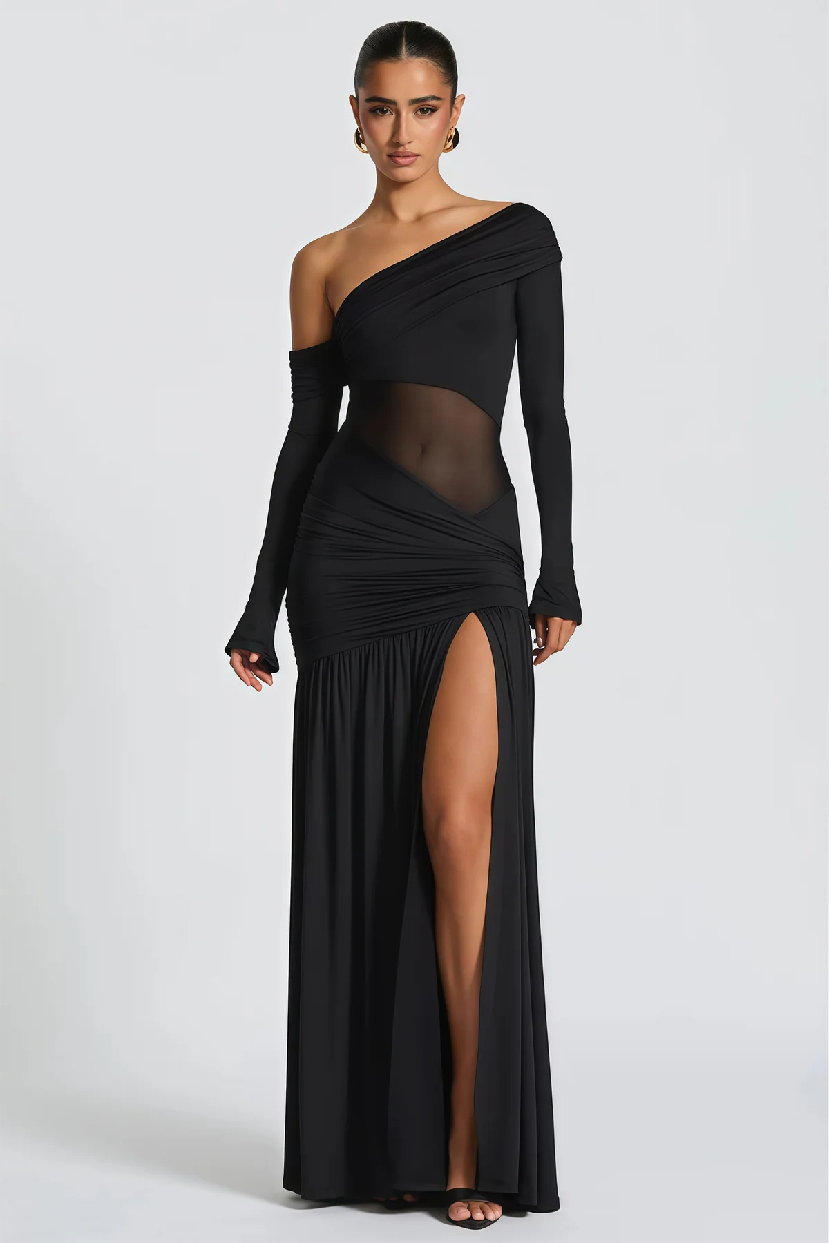Black One Shoulder Gathered Maxi Dress