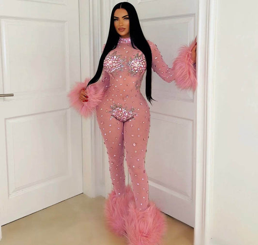 Nicki crystal fur jumpsuit - REBECATHELABEL