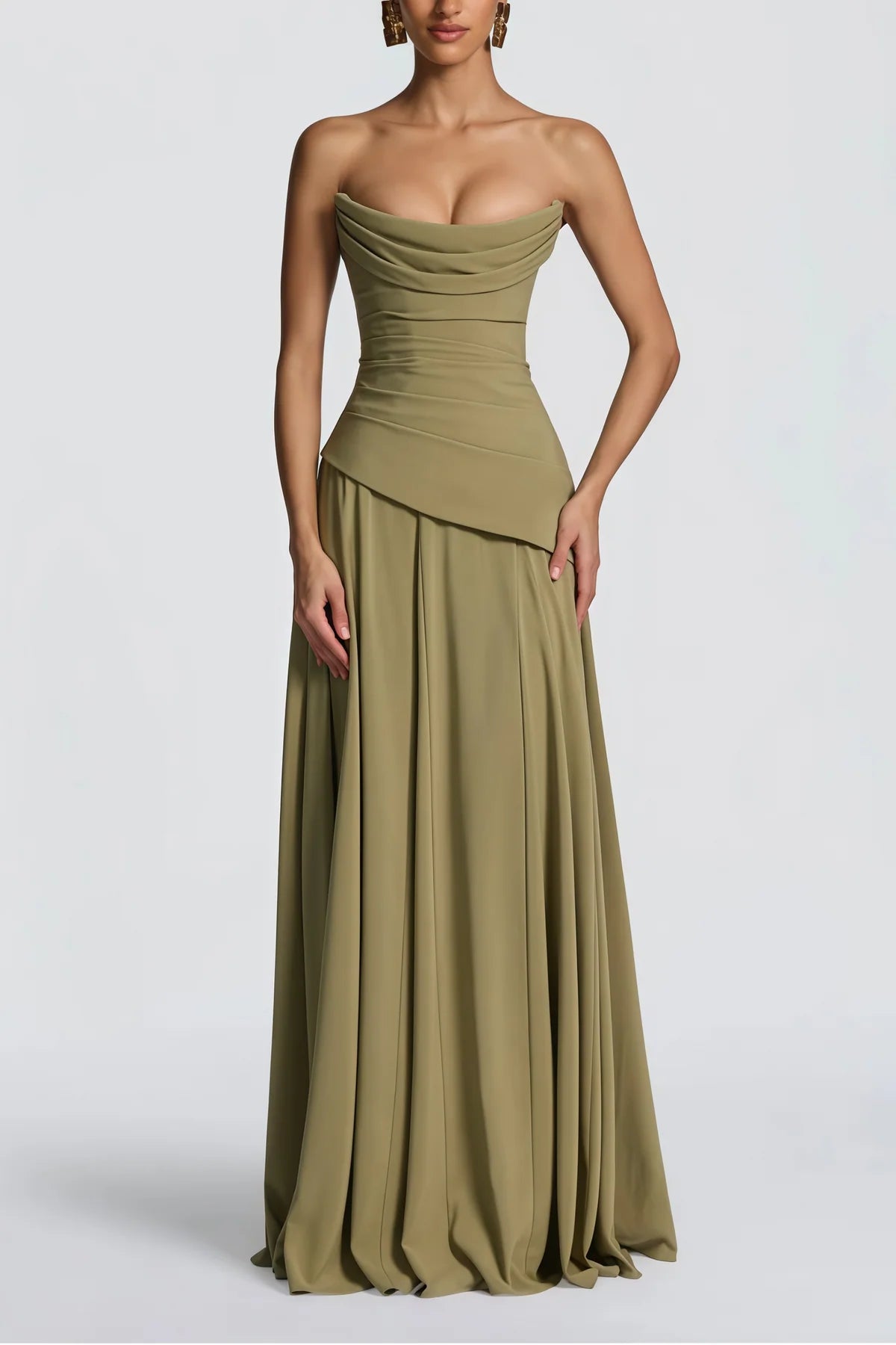 Green Strapless Corset Chiffon Maxi Dress