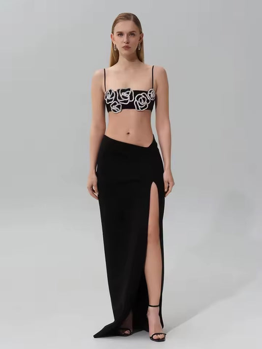 Backless Sling Diamond Flower Top Maxi Long Skirt Set