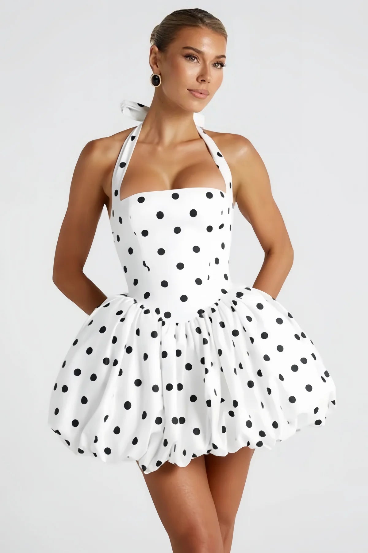 White Polka-dot Shirred Puffball Mini Dress