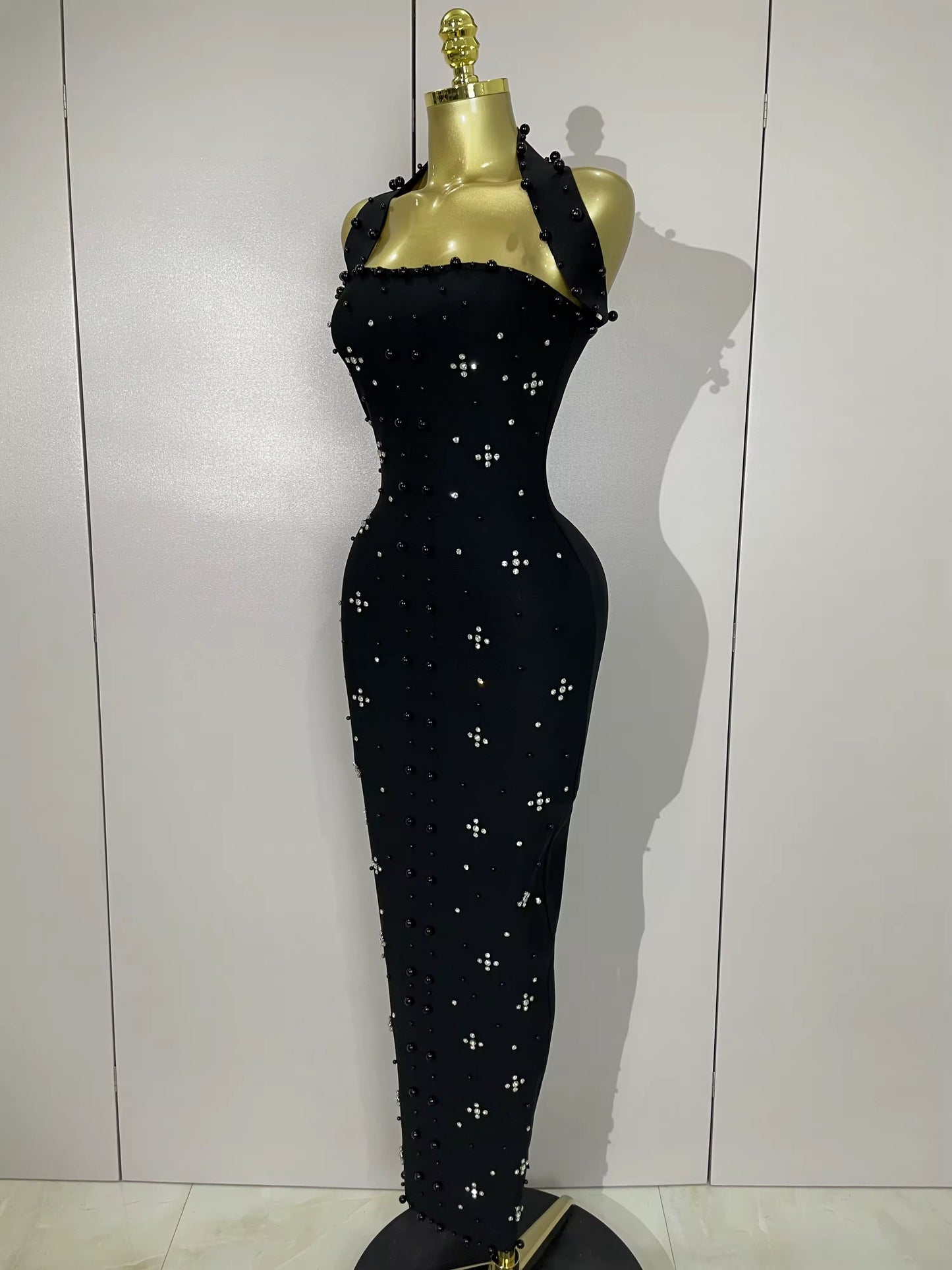 Sparkly Rhinestone Pearl Sleeveless Bodycon Bandage Long Dress