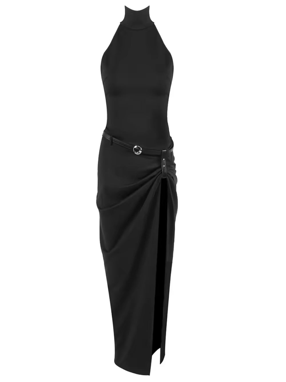 Backless Halter Belt Design Slim Fit Black Long Dress